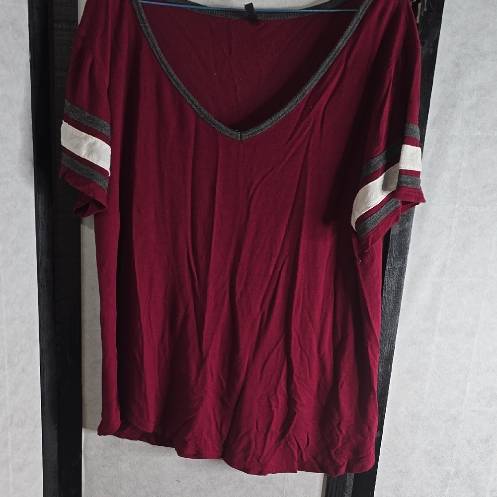 Women's V-Neck Burgundy Top with Striped Sleeves